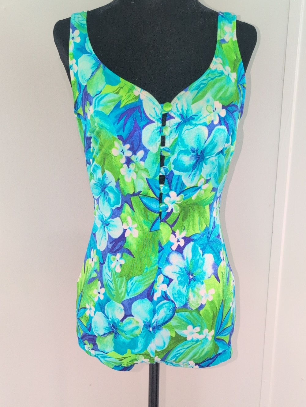 Vintage Maxine of Hollywood Blue Green Hawaiian Swim Suit Bathing Pin Up